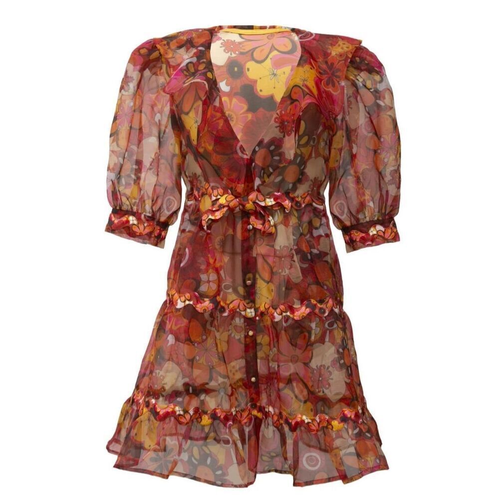 CELIA B Sinai Floral Puff Sleeve Mini Dress in Orange NWT Size Small